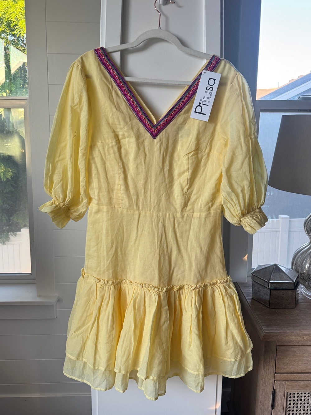 Pitusa Yellow Embroidered V-Neck Mini Dress One Size NWT 100% Cotton Boho